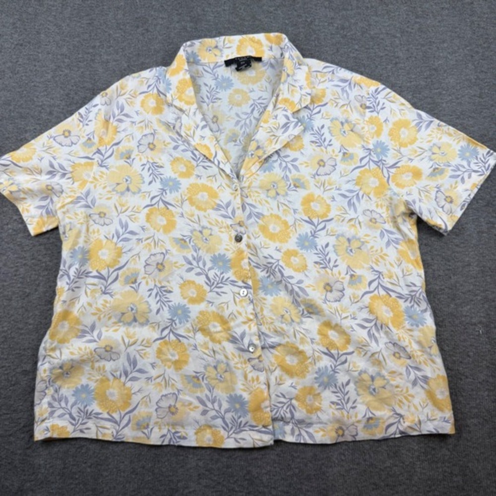 Tahari Pajama Top Women's Size Medium Yellow Floral Cotton Short‎ Sleeve Button